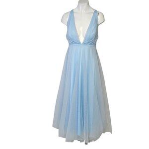 Hello Molly Summer Cinderella Midi Dress, Plunge V Neck, Blue, Tulle, Size 4